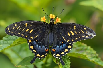 Fototapeta premium A stunning butterfly perched on vibrant flowers in a lush green environment.