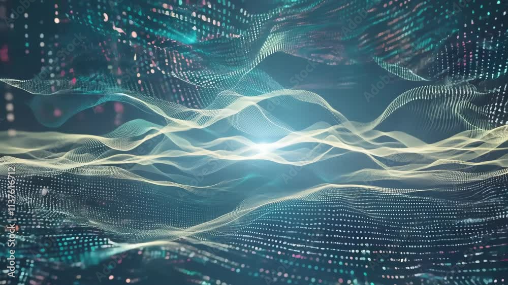 Poster visual representation of digital data waves flowing through a vibrant network in a futuristic settin