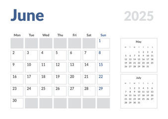 Monthly page Calendar Planner Template of June 2025. Vector layout of calendar with week start Monday for Scheduling. Page for size A4 or 21x29.7 cm