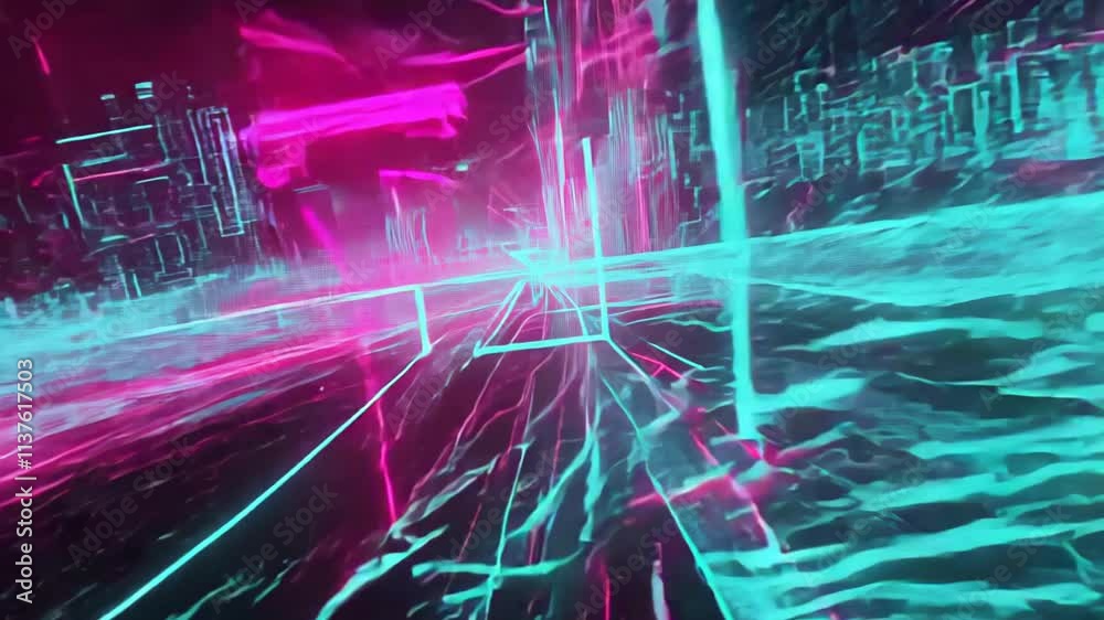 Poster moving through a neon cityscape with glowing geometric shapes at a rapid pace