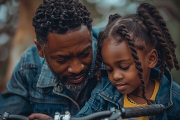 Obraz premium A supportive parent teaches their child to ride a bicycle in a tranquil outdoor setting.
