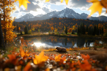 Majestic Landscape with Bear, Colorful Autumn Foliage, and Snow-Capped Mountains Reflected in a Serene Lake