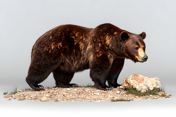 Fototapeta premium Realistic depiction of a brown bear standing on rocky terrain with a natural background