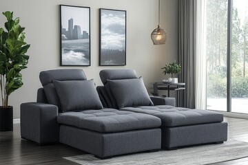 Gray fabric chaise lounge chair with folding seat cushions, headrests, extra-long armchair cushion, and built-in side tables, suitable for living room, bedroom, and office.
