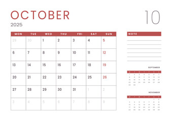 Monthly page Calendar Planner Templates of October 2025. Vector layout of simple calendar with week start Monday for print. Page for size A4 or 21x29.7 cm