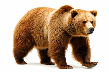 Fototapeta premium Realistic depiction of a brown bear walking gracefully against a clean white background, highlighting its fur and structure