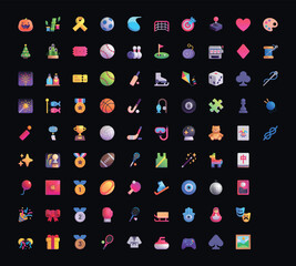 Set of yellow emoji Activities in vector graphic format on a black background.
