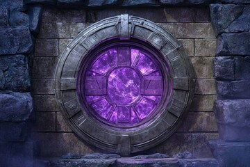 Fototapeta premium Purple window on stone wall