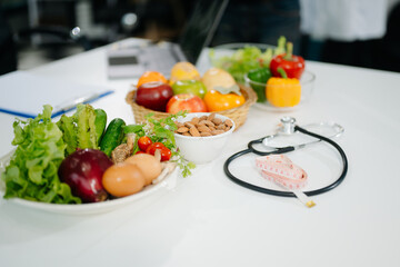 Fresh vegetables, fruits, and healthy food concepts combined with medical nutrition care, wellness, and diet planning