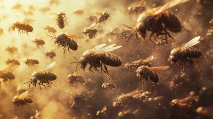 Fototapeta premium Many flying insects swarm golden dust.
