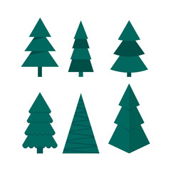 Pine tree icons. Green Christmas shapes. Evergreen forest symbols. Geometric tree design.