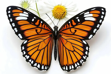 Fototapeta premium Close-Up of Monarch Butterfly Wings Displayed with White Daisies in Background Highlighting Natural Beauty and Vibrant Colors