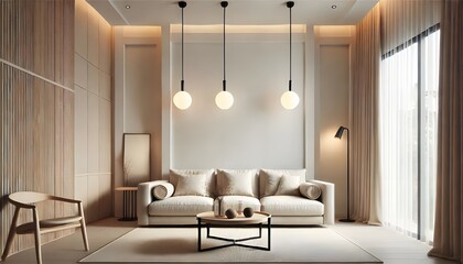 Minimalist Living Room Interior with Pendant Lights and Neutral Tones