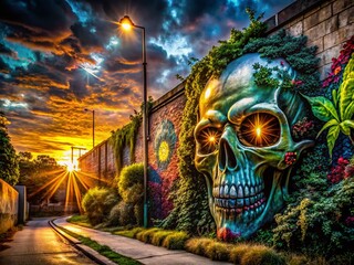 Panoramic View of a Wall Displaying a Skull with a Glowing Eye, Mysterious Urban Art in an Abandoned Alleyway, Captivating Street Art Scene at Dusk