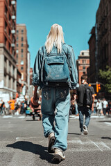 Model walking on the street, fashion denim look.