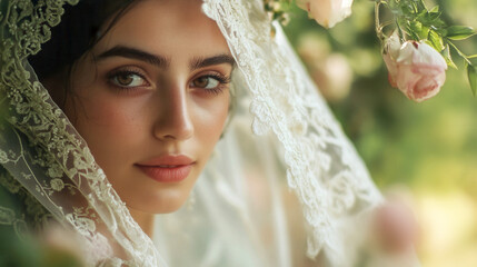 Beautiful bride with flowers and copy space