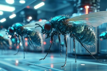 Fototapeta premium Large flies in futuristic laboratory setting.
