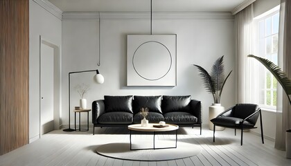 Minimalist Living Room Interior with Black Sofa and Geometric Wall Art
