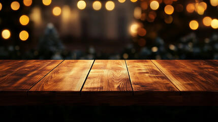 A close-up shot of a rustic wooden tabletop, Empty wooden table over defocused background with copy space