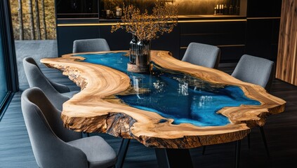 Modern Dining Table With a Resin River