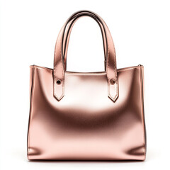 A rose gold metallic handbag with a handle, in an isometric view on a white background