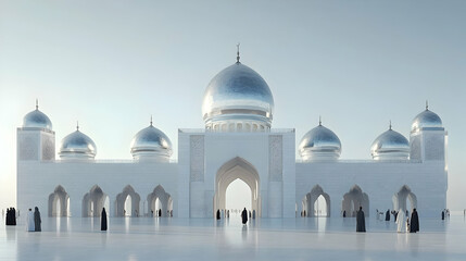 Obraz premium Majestic White Mosque with Silver Domes and People