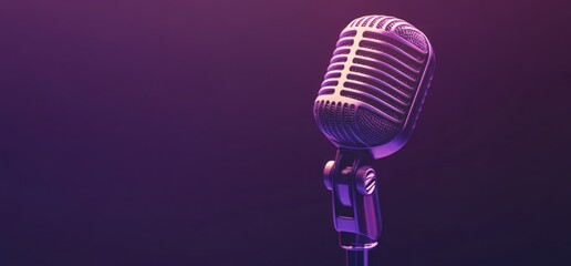 Vintage Microphone in Purple Light: A Symbol of Music, Broadcasting, and Performance