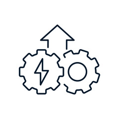Gears, lightning, up arrow. Innovations in industrial processes. Vector linear icon isolated on white background.