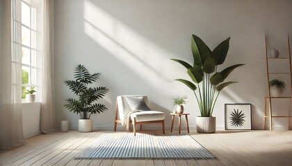 Fototapeta premium Minimalist Living Room Interior with Sunlight Streaming Through Window and Greenery