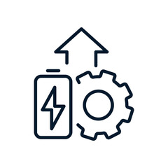 Arrow up, battery, gear. Concept of increasing battery power. Vector linear icon isolated on white background.