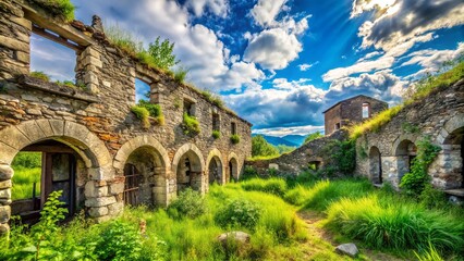 Obraz premium Abandoned German Winery Asureti Georgia, Overgrown Stone Ruins, Arch Entrance, Wide Angle Photo, Blue Sky Clouds, Damaged Roof, Exterior Photography