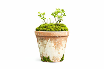 Fototapeta premium Green Plant Growth in Rustic Terracotta Pot with Vibrant Moss Against Clean White Background