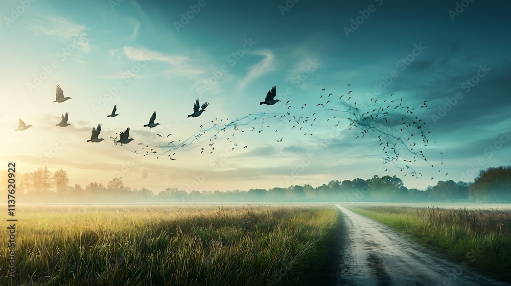 Poster a photograph of a bird flu map combined with a virtual twin tracking avian movement leaving ample co