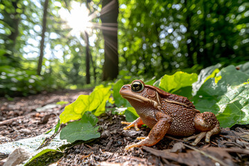 Naklejka premium Close-Up of Brown Frog Resting on Leafy Forest Floor with Sunlight Streaming Through Trees