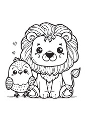 Fototapeta premium Coloring page cute lion with little bird 