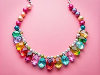 Obraz premium Pastel Pink Gemstone Necklace, Minimalist Jewelry Banner, Top View, Creative Ad