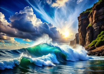 Fototapeta premium Anime Giant Ocean Wave, White Foam, Blue Sky, Silhouette Photography, Stunning Artwork, Digital Painting, High Resolution