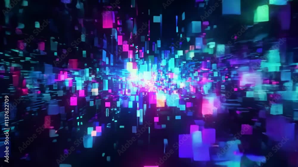 Fototapete exploring a vibrant digital universe filled with 3d geometric shapes and glowing particles in an imm