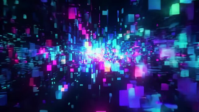 Exploring a vibrant digital universe filled with 3D geometric shapes and glowing particles in an immersive experience