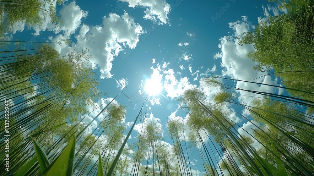 Poster an ant view looking up at the sky through long grass and seeing clouds.