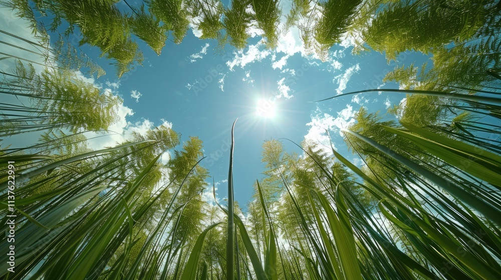 Poster An ant view looking up at the sky through long grass and seeing clouds.