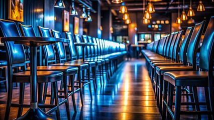 Fototapeta premium Black Plastic Chairs Restaurant Interior Design, Worm's Eye View Photography, Low Angle Shot, Dark Moody Atmosphere