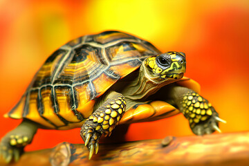 Obraz premium Colorful turtle resting on a vibrant orange and yellow background with smooth wooden branch and soft focus effect