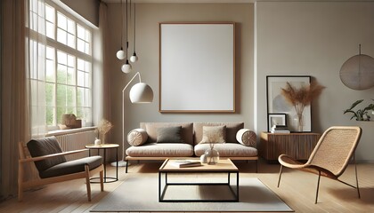 Modern Living Room Mockup with Empty Frame and Neutral Palette
