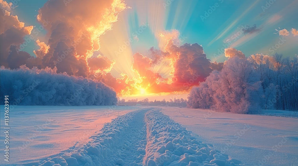 Poster the sky is covered with colorful clouds, surreal and beautiful, showing a rainbow of colors, with a 