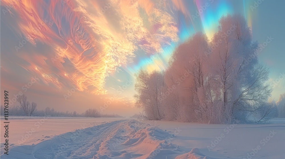 Poster the sky is covered with colorful clouds, surreal and beautiful, showing a rainbow of colors, with a 