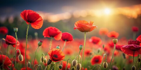 Fototapeta premium Peaceful Red Poppy Flower Field for ANZAC and Memorial Day Banner with Copy Space on Dark Background for Remembrance and Tribute