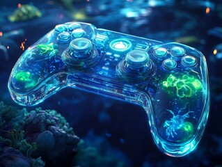 Futuristic Frosted Acrylic Joystick in Immersive Underwater Gaming Environment with Luminous Sea Creatures - Photorealistic Design