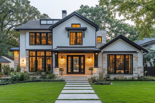Modern farmhouse-style home in Dallas, Texas, featuring large windows with black trim, white walls, dark wood accents, and a two-story structure surrounded by lush green grass and beautiful trees.