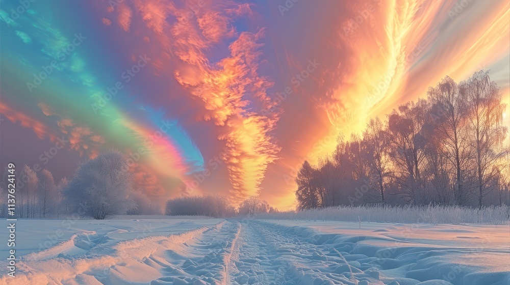Poster the sky is covered with colorful clouds, surreal and beautiful, showing a rainbow of colors, with a 